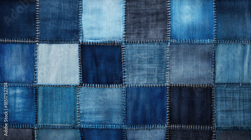 Blue denim patchwork design with fabric squares concept. A textured patchwork of various shades of blue denim fabric.