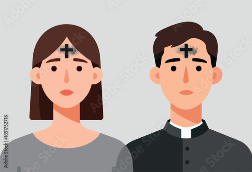 Two individuals, one a clergy member, bear ashes on their foreheads in a cross