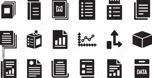 Black document and data management icons set
