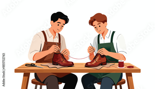 Two men meticulously hand-stitching leather shoes at a wooden workbench