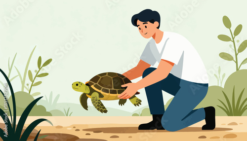 Person gently holding a turtle in a natural green environment