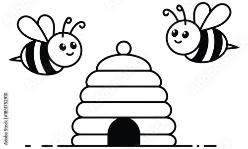 Cute cartoon bees flying around beehive vector illustration for kids and education