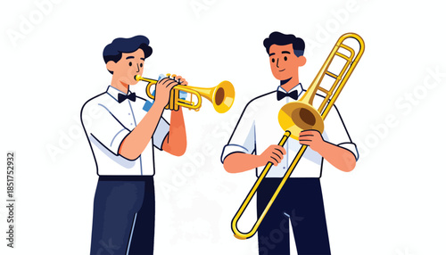 Two men in formal wear playing brass instruments, trumpet and trombone