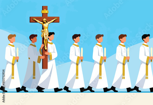 Procession of figures in white robes, holding candles & a crucifix