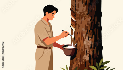A person collects latex from a rubber tree with a tool and bowl