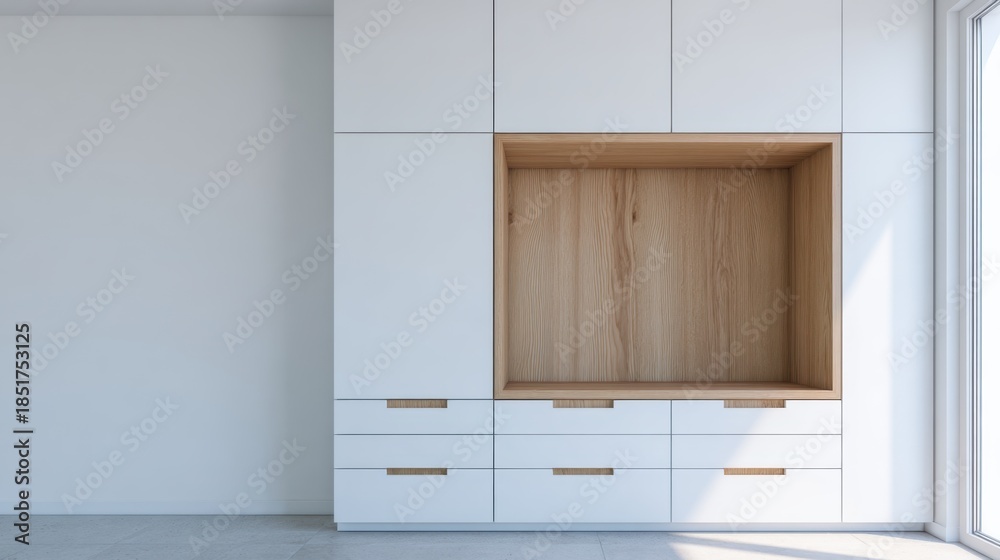 Fototapeta premium Modern minimalistic interior design featuring a stylish white cabinet with wooden accents and an empty space for decoration or storage in a bright room