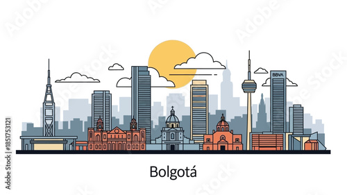 Bogotá Skyline Illustration - A Vibrant Cityscape with Iconic Buildings and a Sunny Sky