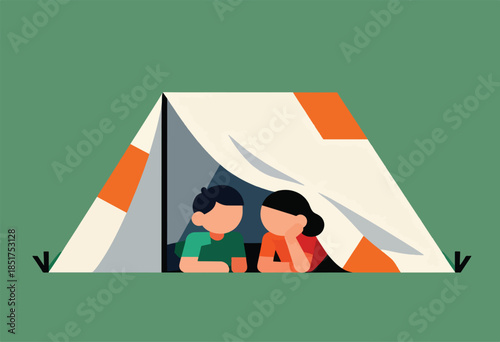 Two children relax inside a tent with orange and cream accents on a green background