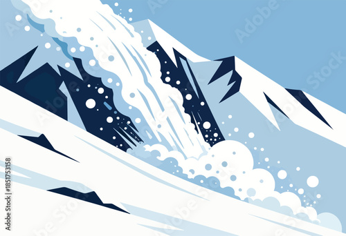 A dramatic snow avalanche cascades down steep, dark, rocky mountainsides under a clear sky
