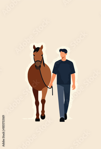 A person walks a brown horse on a simple, textured background