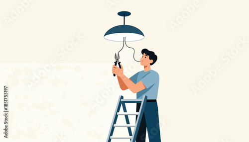 Person on ladder installing light fixture with pliers