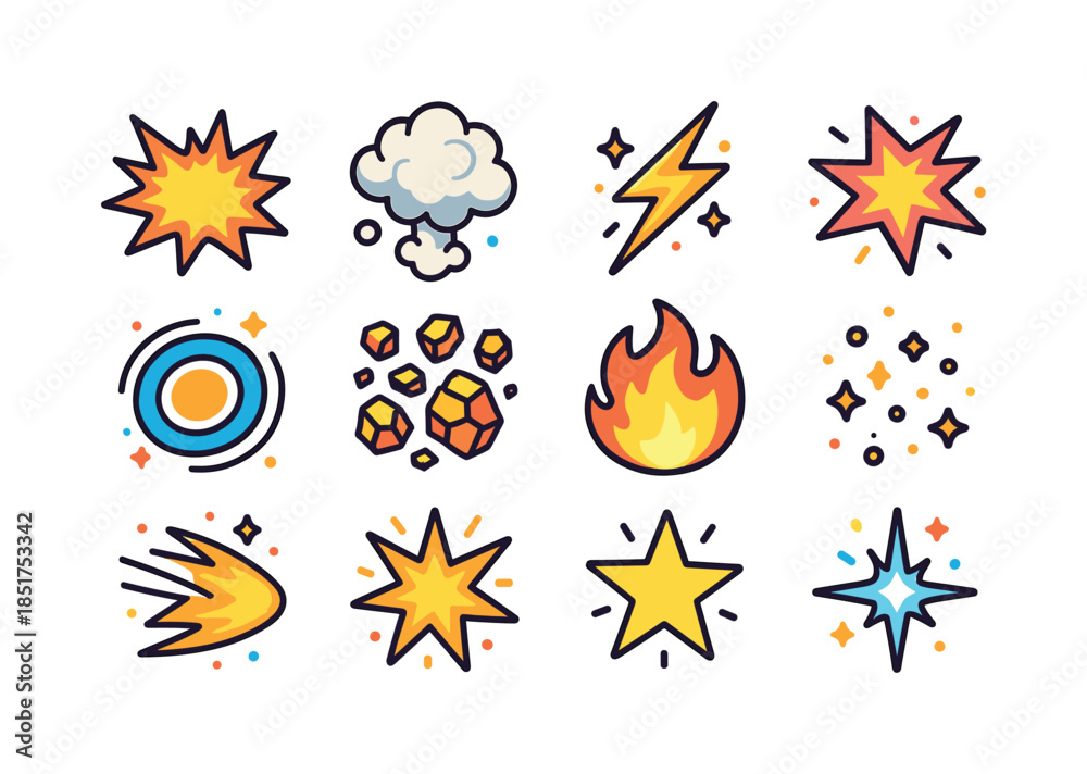 Obraz premium Colorful Action Icons. Action Effects. Colorful isometric vector
