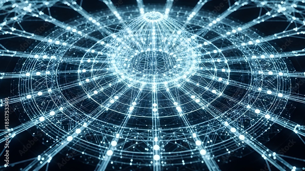 Fototapeta premium Glowing lines and nodes forming a complex, technological mandala.