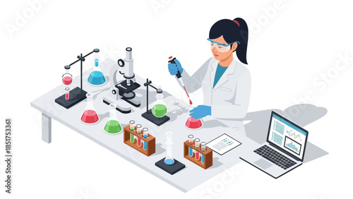 Female Scientist Conducting Laboratory Experiment Research.