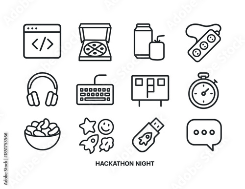 Hackathon Icon Set. Hackathon Night. Line icon set of Hackathon