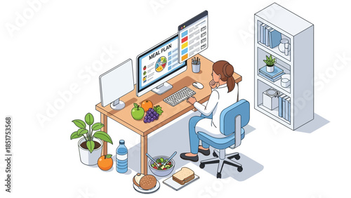 Isometric illustration of a woman creating a digital meal plan on a computer, surrounded by healthy and less healthy food choices.