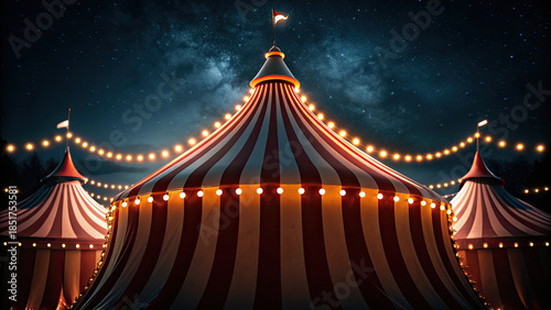 Bright circus tent glowing under starry night concept. Colorful circus tents illuminated under a starry night sky.