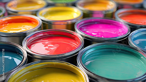 Paint store display with color swatches concept. Colorful paint cans arranged neatly for artistic inspiration.