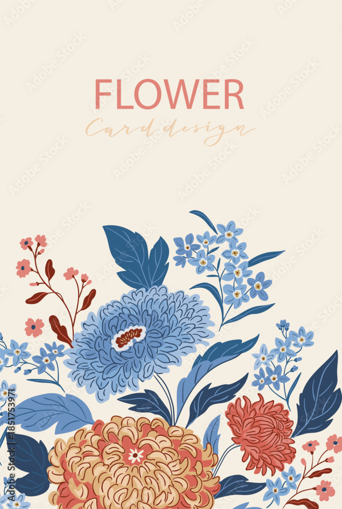 Obraz premium Botanical greeting card. vector chinese chrysanthemums illustration. Stylish vector flowers isolated on white background. Summer botany print design in hand-drawn style. 