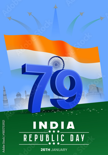 79th India Republic Day Illustration with Indian Flag, Ashoka Chakra and Modern Minimal Design