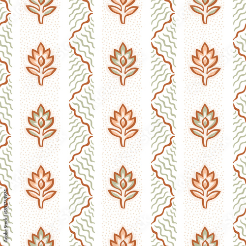 Indian traditional floral block print design. Retro floral seamless pattern. Stylized flora and wave lines on white background.