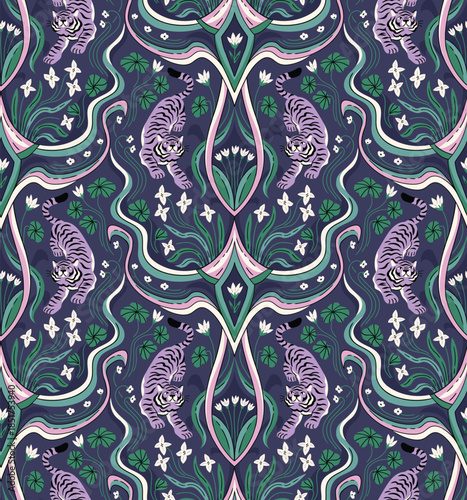 heritage revival art deco seamless pattern design. Vector animal repeat print design for fabric or wallpaper. Hand drawn tigers and flowers on dark violet background.