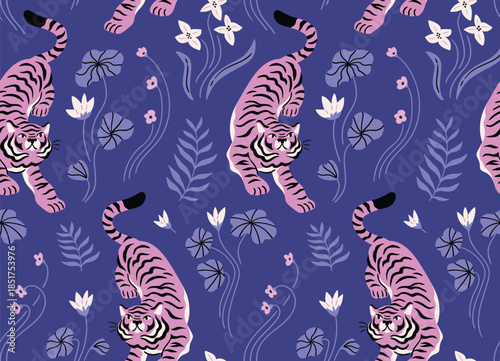 Tiger seamless pattern design. Vector animal repeat print design for fabric or wallpaper. Hand drawn cartoon animals and night flowers on dark violet background.