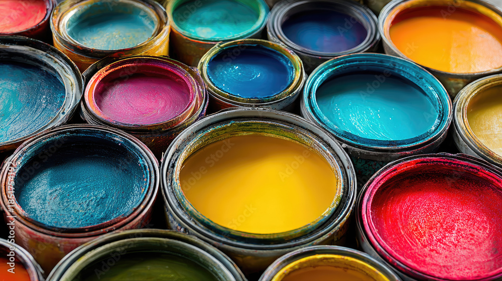 Fototapeta premium Paint store display with color swatches concept. Vibrant colorful paint cans arranged in a creative display.