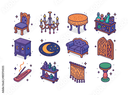 Whimsigoth Interior Icons. Whimsigoth Interiors. Colorful isomet