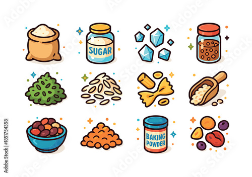 Colorful Dry Ingredients Icons. Dry ingredients. Colorful isomet