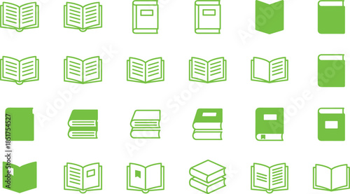 Book and notebook icon set, green outline education symbols, reading learning library publishing concepts, flat vector illustration collection