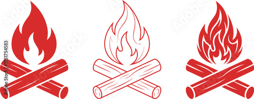 Campfire flame icon set, firewood logs illustration, camping bonfire symbols, outdoor fire vector design, minimalist flat graphic collection