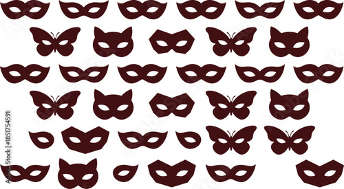 Carnival mask pattern set, masquerade cat butterfly eye masks, seamless vector silhouettes, party decoration design, festive costume background illustration