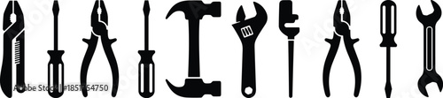 Hand tools silhouette set, screwdriver, hammer, wrench, pliers, repair equipment icons isolated on white background for construction and maintenance design