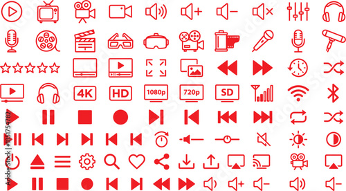 Media playback icons set, video audio controls, streaming interface symbols, outline style multimedia UI elements collection for apps, websites, players