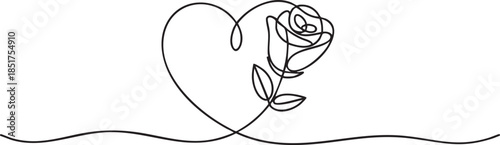 Continuous one line drawing of a rose forming a heart shape with its stem, minimalist floral love concept for Valentine’s Day, vector illustration
