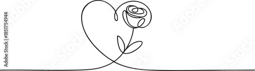 Continuous one line drawing of a rose forming a heart shape with its stem, minimalist floral love concept for Valentine’s Day, vector illustration