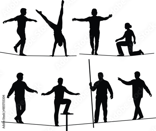Silhouettes on tightrope, balance performance, circus skills, acrobatic poses, unicycle act, coordination art, black figures, isolated white background