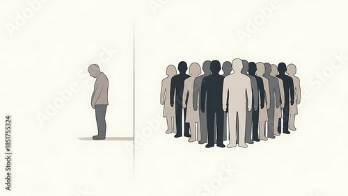 Minimalist illustration showing a lone individual separated from a group of people, symbolizing social isolation, exclusion, loneliness, discrimination, and lack of inclusion