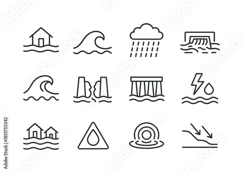 Hydrological Hazard Icons. Hydrological hazards. Line icon set o