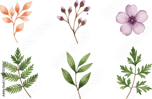 Whimsical watercolor winter houses with snow and evergreen trees