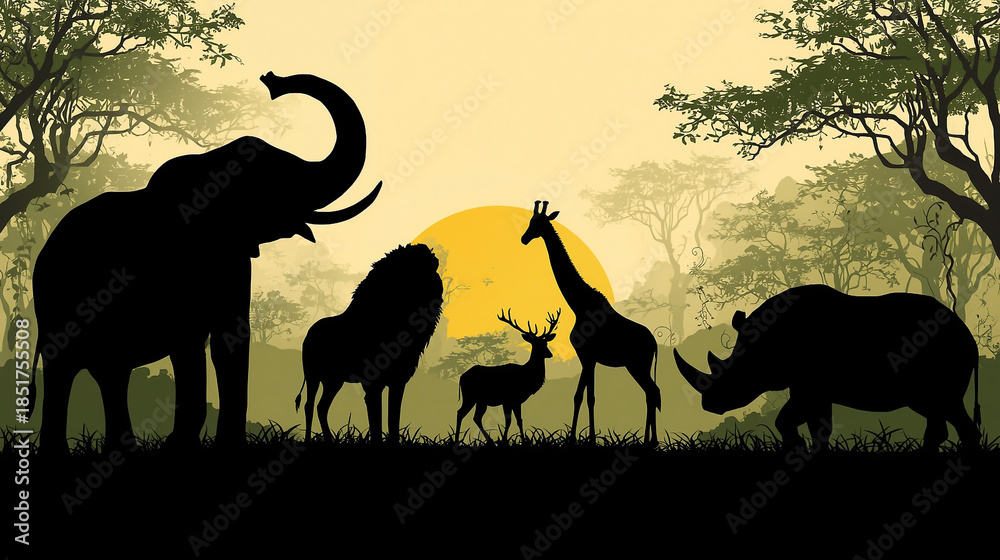 Fototapeta Silhouette Wildlife Landscape with African Animals in Natural Habitat Illustration World Wildlife Conservation Day