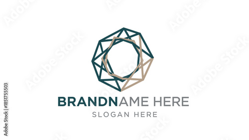 Modern abstract geometric logo with overlapping teal and beige polygonal wireframes, crystalline structure.