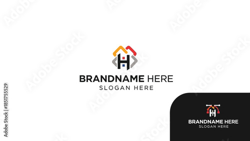 Modern abstract H letter logo with colorful house-like shapes and placeholder text