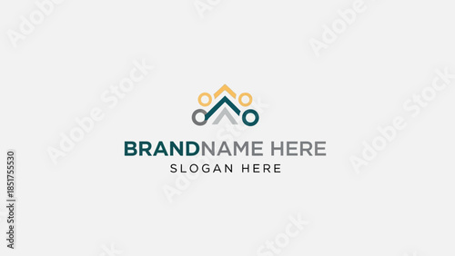 Modern abstract interconnected people house logo design in teal, yellow, and grey, with brand name and slogan text.