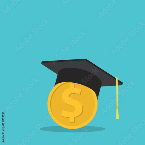 Education finance concept with graduation cap and  dollar coin.