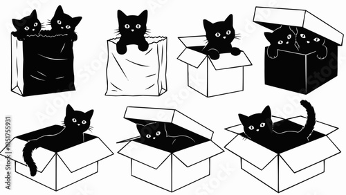 Collection of Adorable Black Kittens Playing in Cardboard Boxes.