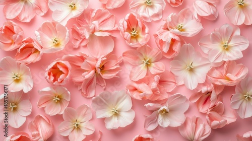 Delicate floral arrangement of pastel pink tulips on a soft pink backdrop