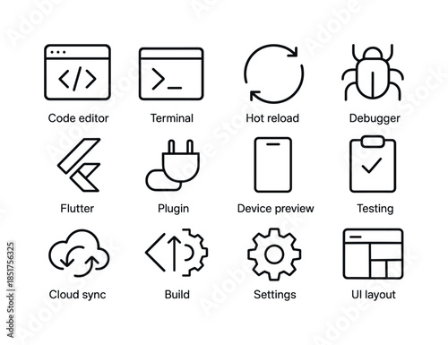 Flutter Tools Icons. Flutter Tools. Line icon set of Flutter Too