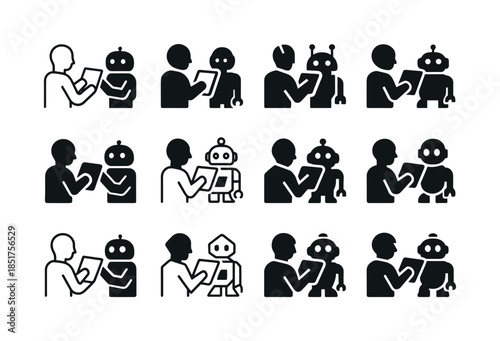 Robot Control Icons. A person controlling a robot via a tablet.